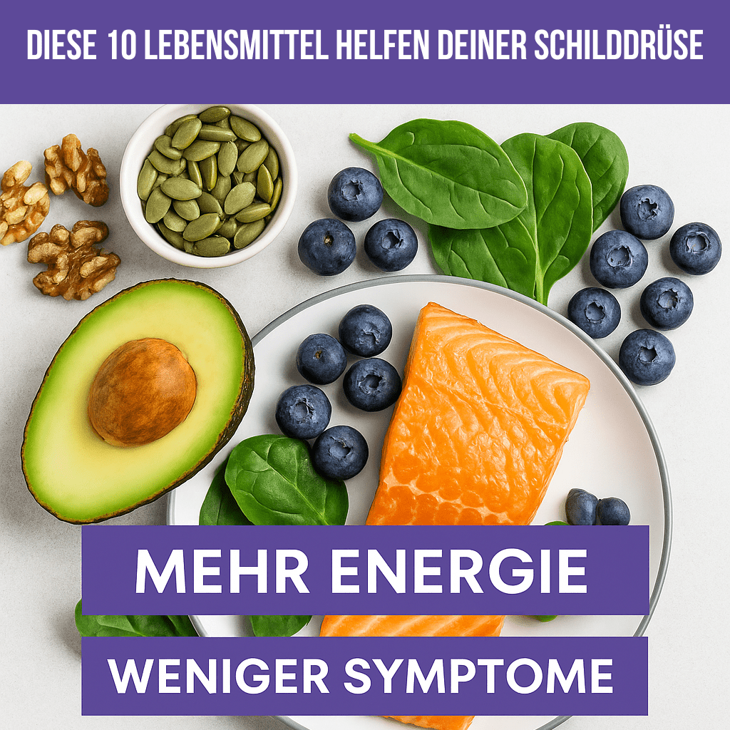 Grafik mit Titel "Die 10 besten Lebensmittel bei Hashimoto & Schilddrüsenunterfunktion", dargestellt mit gesunden Lebensmitteln wie Lachs, Heidelbeeren, Kokosöl und Eiern auf hellem Hintergrund. Fokus liegt auf Ernährungsempfehlungen für mehr Energie und Hormonbalance.