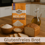 Glutenfreies Brpt mit den Zutaten, Buchweizenmehl, Mehl-Mix Universal von Bauckhof, Olivenöl, Flohsamenschlaen